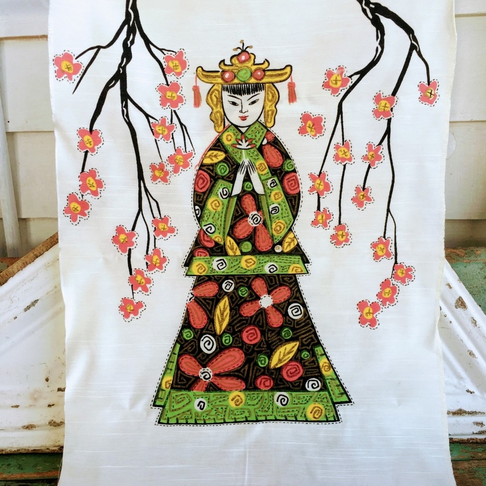 Vintage Japanese Lady Cherry Blossoms Silk Picture - Picture 3 of 8